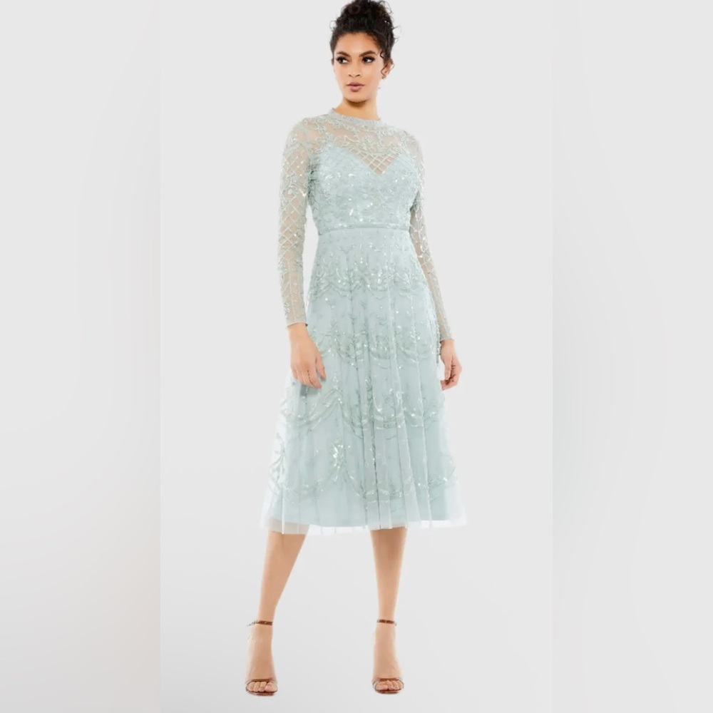 Mac Duggal 9142 Blue Sequined Illusion High Neck Long Sleeve Midi Dress Sz 16
